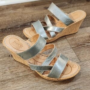 EUC Born Cork Metallic Silver Wedge Sandals Beach Festival Boho Resortwear Sz 9